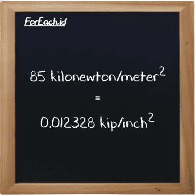 85 kilonewton/meter<sup>2</sup> is equivalent to 0.012328 kip/inch<sup>2</sup> (85 kN/m<sup>2</sup> is equivalent to 0.012328 ksi)